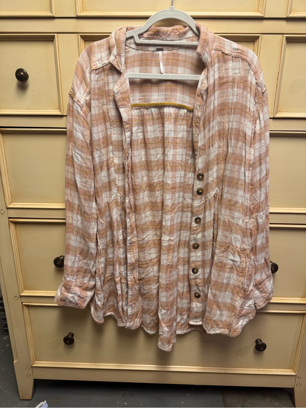 Free People Peach and White Plaid Button-Up Top